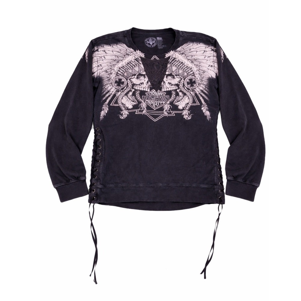 Affliction Sweatshirt Mens Large Black Excellent Side Lace Up Skull Graphic Hood